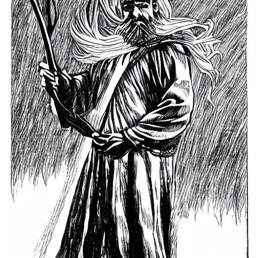 Prompt: mage holding a bentwood staff strikes a dramatic pose. pen and ink by larry elmore, 1 9 8 2