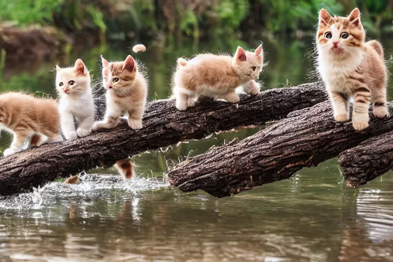 Image similar to kittens walking on a log that crosses a river