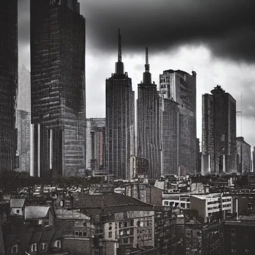 Prompt: Beautiful picture of an intricate very detailed cozy city on a cloudy day with tall brutalist buildings with small windows, a wonderful place to live, high-quality photograph