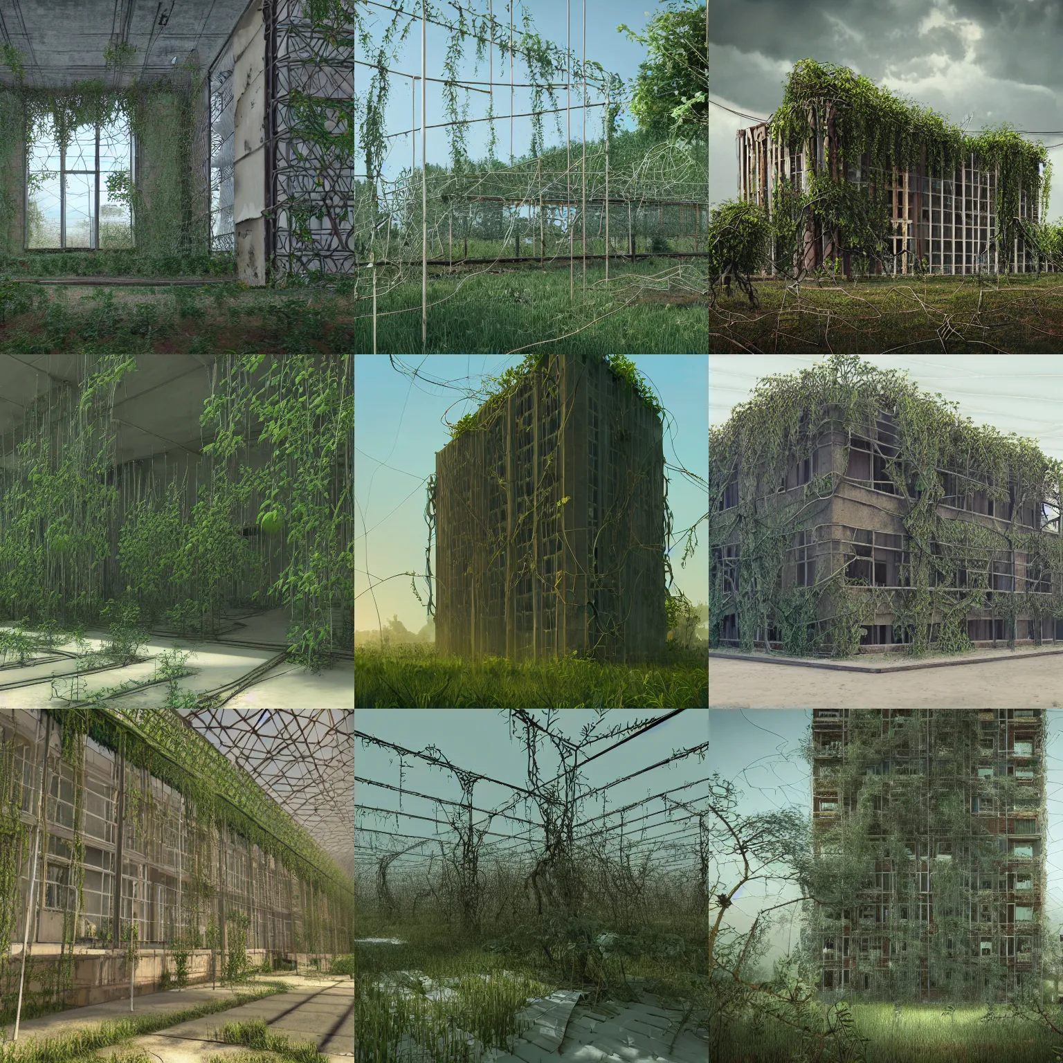 Prompt: A dusty abandoned Soviet panel building with dangling vines, lush vegetation, constructivism, hyperdetailed, artstation, cgsociety, 8k