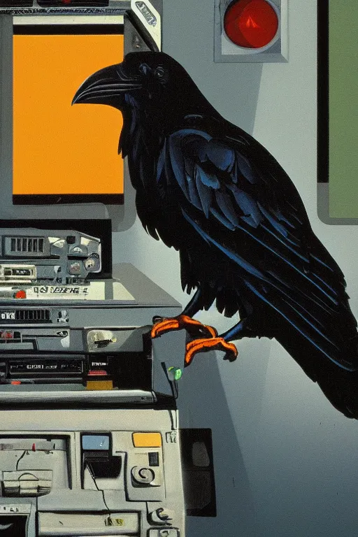 Prompt: a raven observing 8 0 s era technology, vintage shapes, retro technology, harsh color, wayne barlow, oil on canvas, deep depth of field, masterpiece, cinematic composition, hyperdetailed