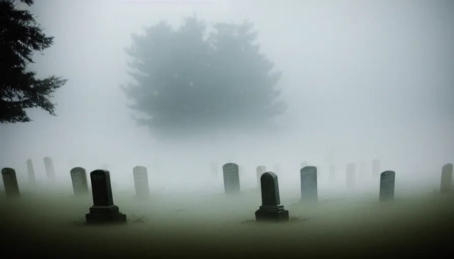 Prompt: a photograph of a translucent ghost floating above a cemetary by a beach, ethereal, foggy, scary ghost, muted colors, landscape