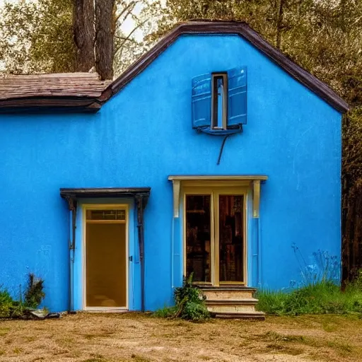 Prompt: a house with no doors and glowing blue windows