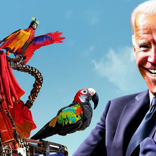 Image similar to Joe Biden as a pirate chasing his parrot on the main ship deck.