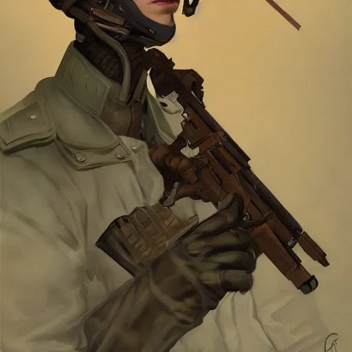 Prompt: a detailed matte painting of a cyborg velociraptor french resistance fighter wearing a beret, in nazi occupied france, 8 k, artstation, art by greg rutkowski and alphonse mucha