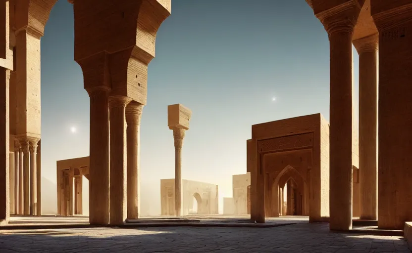 Image similar to exterior shot of utopian ancient persian architecture with cinematic lighting by peter zumthor and renzo piano, darek zabrocki and greg ruthkowski, simon stalenhag, cinematic, holy place, paradise, scifi, futurism, atmospheric, concept art, artstation, trending on artstation