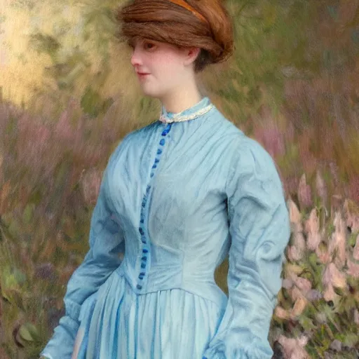 Prompt: portrait painting of a lady wearing a light blue dress 1 9 0 0 s, light, airy, garden, photorealistic, extreme detail, sharp focus, 8 k, intricate, hyper detailed, realistic, cinematic lighting