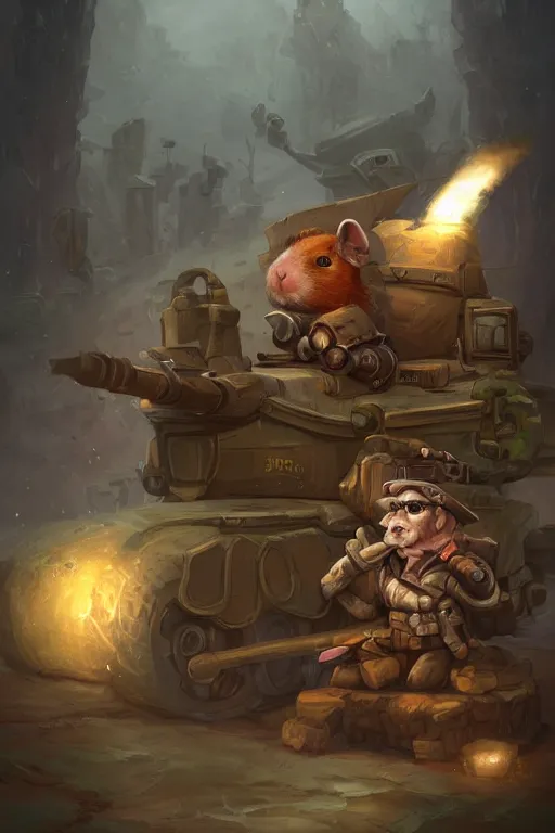 Image similar to cute little anthropomorphic Guinea Pig Tank driver next to its tank, tiny, small, short, Tank driver outfit, cute and adorable, pretty, beautiful, DnD character art portrait, matte fantasy painting, DeviantArt Artstation, by Jason Felix by Steve Argyle by Tyler Jacobson by Peter Mohrbacher, cinematic lighting