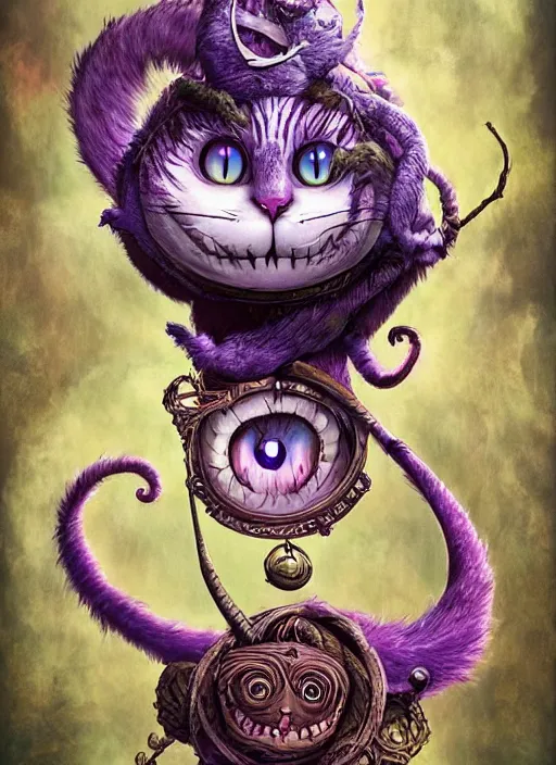 Prompt: cheshire cat strength tarot card, highly detailed, cinematic, 8 k, bymegan duncanson, benjamin lacombe, naoto hattori, adrian borda, giger, trending on deviantart, hyper detailed, horror, full of colour