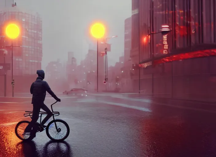 Image similar to uber eats delivery driver on a bicycle, mega details, greg rutkowski, orange lights, heavy rain, fog, beautiful rtx reflections, photorealistic, unreal engine 5, octane render, volumetric light, cg society, 4 k, bokeh, artstation