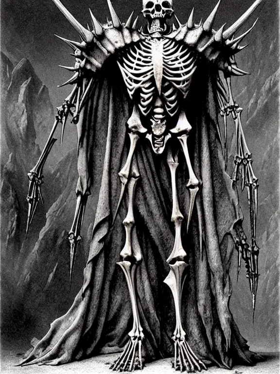 Prompt: A spiked horned detailed semiork-semihuman skeleton with armored joints stands in a large cavernous citadel with a pebble in hands. Wearing massive shoulderplates, cloak. Extremely high details, realistic, fantasy art, solo, masterpiece, bones, ripped flesh, art by Zdzisław Beksiński, Arthur Rackham, Dariusz Zawadzki, Harry Clarke