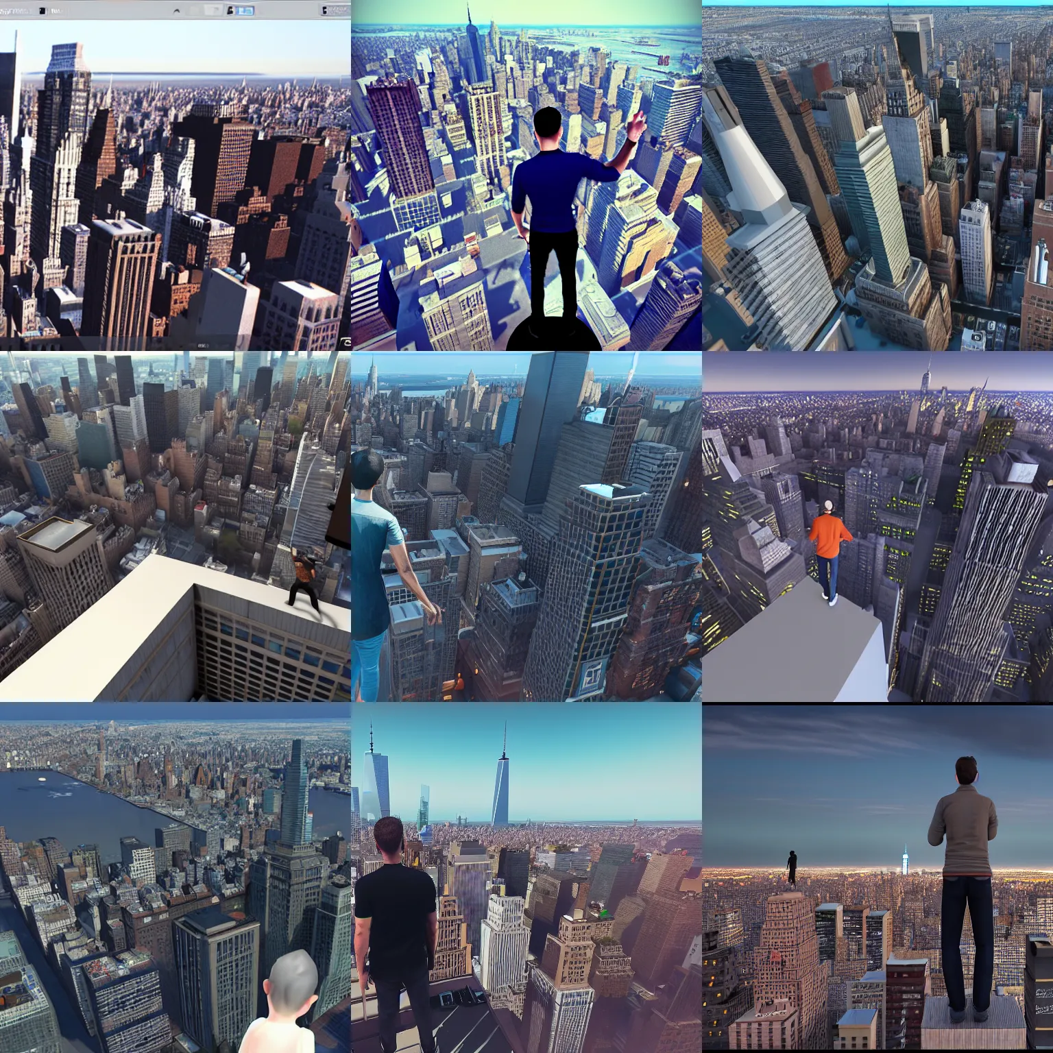 Prompt: A person standing on top of a rooftop with New York City below, 3D, Unreal Engine