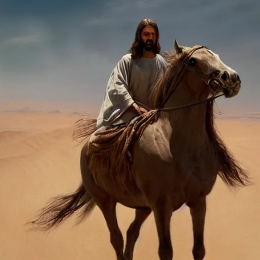 Image similar to jesus christ, riding a horse in the desert, by alyssa monks, by greg rutkowski, cinematic, canon