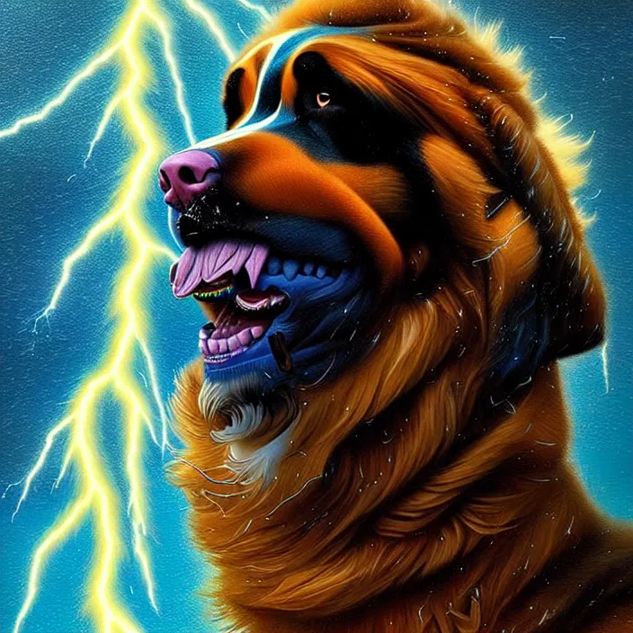 Prompt: a male human - bernese mountain dog hybrid as zeus, shooting lightning bolts from his paws, by greg rutkowski and alex grey, intricate details, artstation, furry, psychedelic, hd, beautiful