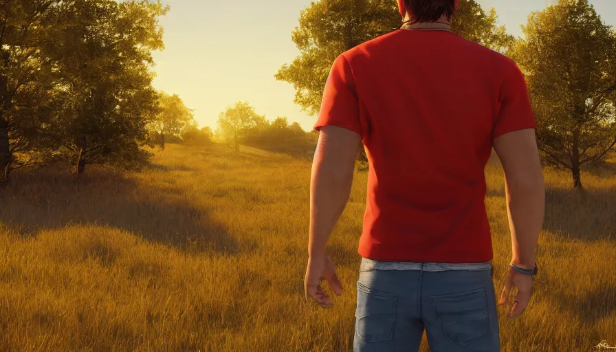 Image similar to back view of a man with red shirt and brown hair looking the sun in the field, wood on the left, houses on the right, hyperdetailed, artstation, cgsociety, 8 k