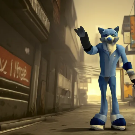 Prompt: furry anthro digital video game screenshot source engine of an anthropomorphic wolf with white fur wearing blue police officer uniform standing in an alley city 17 in background from half life 2