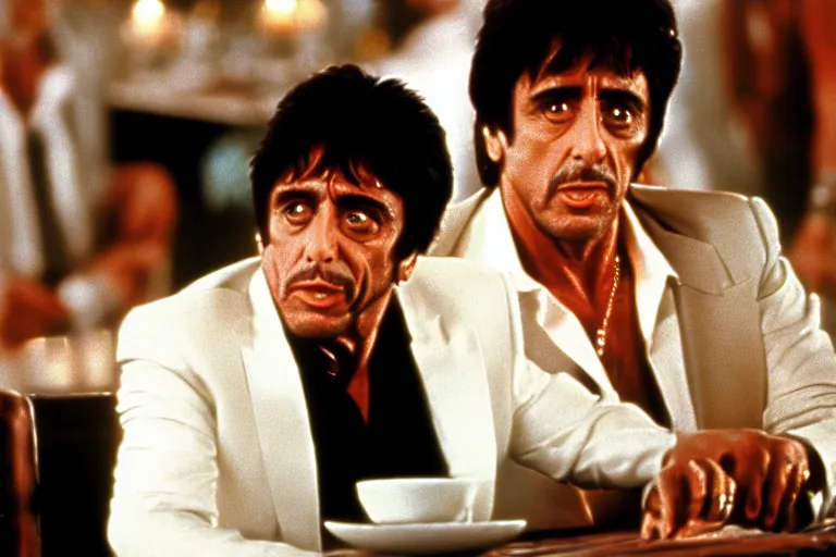 Image similar to tony montana from movie scarface 1 9 8 3 sitting behind a big black oak table with big large packages of flour. long shot. al pacino. perfect symmetric face, coherent eyes, fine details, 4 k, ron cobb, cinestill. last scene from scarface movie