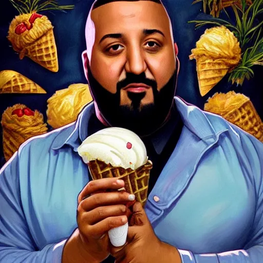 Prompt: portrait of DJ Khaled with a dumb smile holding ice cream cone with large scoop of ice cream as a Grand Theft Auto Cover, elegant, intricate, headshot, highly detailed, digital painting, artstation, concept art, sharp focus, illustration, art by artgerm and greg rutkowski and alphonse mucha