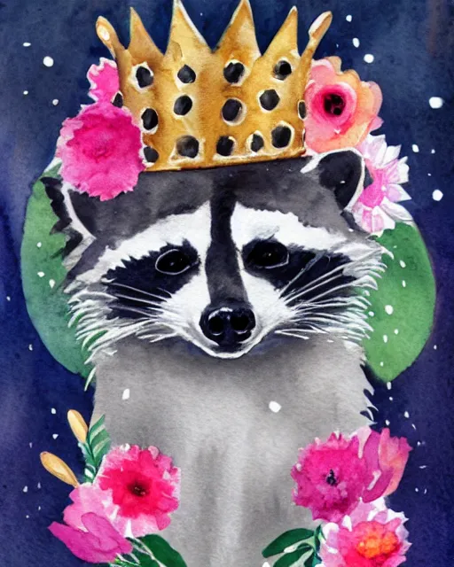 Image similar to a watercolor portrait of a cute raccoon with a crown of flowers