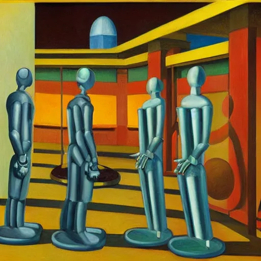 Prompt: robots praying at a shrine to the last living human, dystopian, surrealist, symmetrical, pj crook, edward hopper, oil on canvas