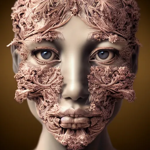 Prompt: beatifull frontal face portrait of a woman, 150 mm, anatomical, flesh, flowers, mandelbrot fractal, facial muscles, veins, arteries, symmetric, intricate, golden ratio, full frame, microscopic, elegant, highly detailed, ornate, ornament, sculpture, elegant , luxury, beautifully lit, ray trace, octane render in the style of peter Gric , alex grey and Romero Ressendi