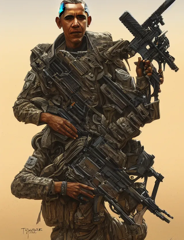 Image similar to a portrait of barack obama wearing tactical combat desert camouflage gear, by moebius and tyler edlin and hr giger, trending on artstation, digital art, 4 k resolution, detailed, high quality, sharp focus, hq artwork, coherent, insane detail, concept art