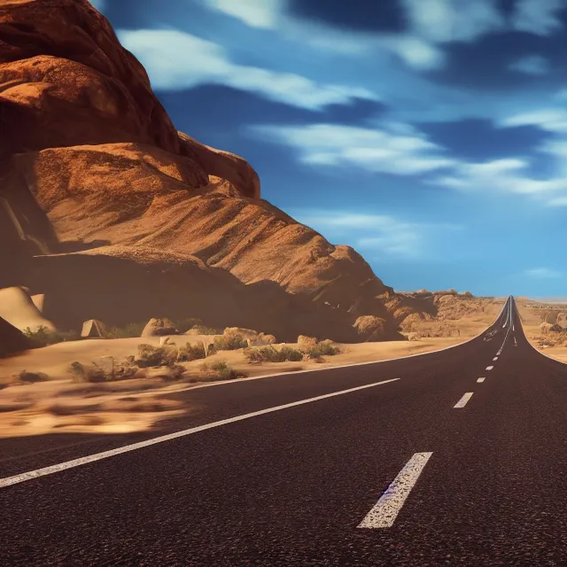 Prompt: a shot of one van driving into the distance on a deserted desert highway in nevada, opening cinematic of a blockbuster video game, rendered in unreal engine, cinematic lighting, concept art, loneliest highway, 8 k, ultra real, golden hour