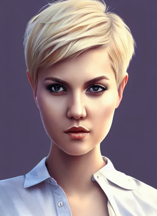 Prompt: photo of a gorgeous young woman with blonde hair, pixie cut, in the style of stefan kostic, realistic, sharp focus, 8k high definition, insanely detailed, intricate, elegant, art by stanley lau and artgerm