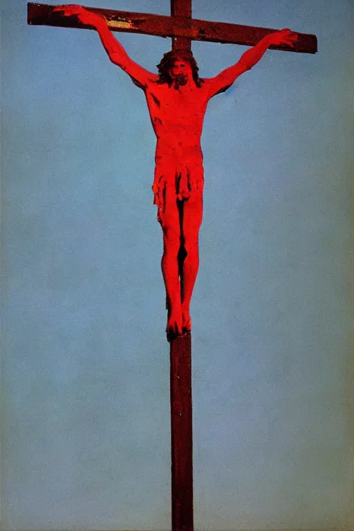 Image similar to bloody christ crucified and some bright ufo in the sky painted by cy twombly and andy warhol