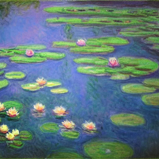 Image similar to at dusk ， water lilies in the pond, by claude monet, dramatic, impressionism, cinematic, reflection, light effect, 8 k hd detail, rendered in octane,