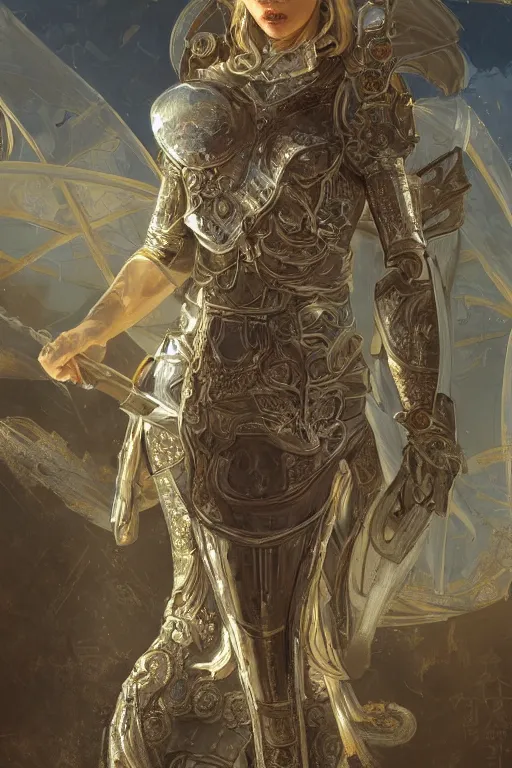 Prompt: portrait knights of Zodiac girl, metallic Silver and ice color reflected armor, in ruined Agora of Athens, ssci-fi, fantasy, intricate, very very beautiful, elegant, golden light, highly detailed, digital painting, artstation, concept art, smooth, sharp focus, illustration, art by WLOP and tian zi and alphonse mucha