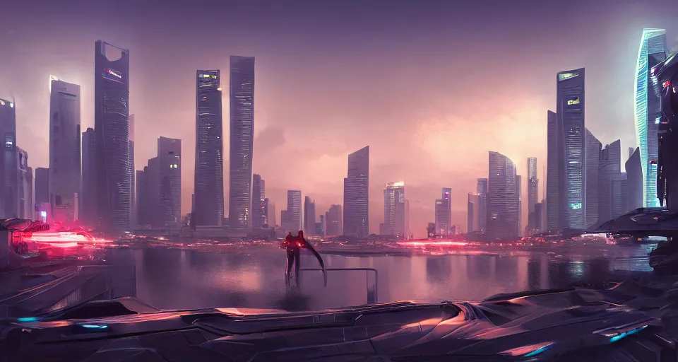 Image similar to futuristic oriental robotic singapore jerusalem dubai city, long shot cinematic epic lighting concept art wide shot digital art trending on artstation 4 k extremely detailed cinematic realistic evening time, contrast dusk vegetation water futuristic suburbs by greg rutkowski martin ansin john blanche alejandro burdisio, photographed by victor enrich