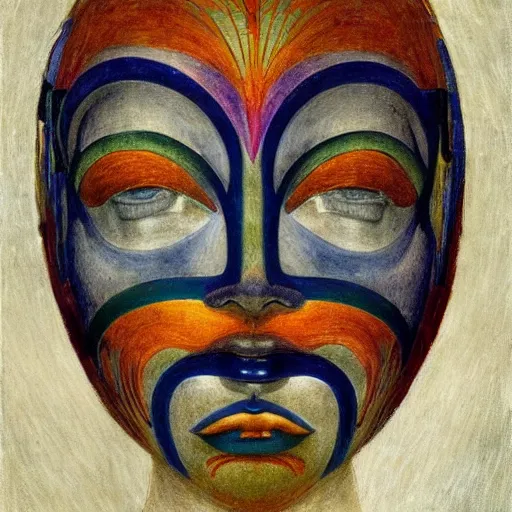 Prompt: painting of a facemask made of flowers, by annie swynnerton and jean delville and edward hopper and evelyn de morgan and rufino tamayo, art deco flower shaman, art brut, outsider art, symbolist, dramatic lighting, god rays, elaborate geometric ornament, clean crisp graphics, smooth sharp focus, extremely detailed, adolf wolfli