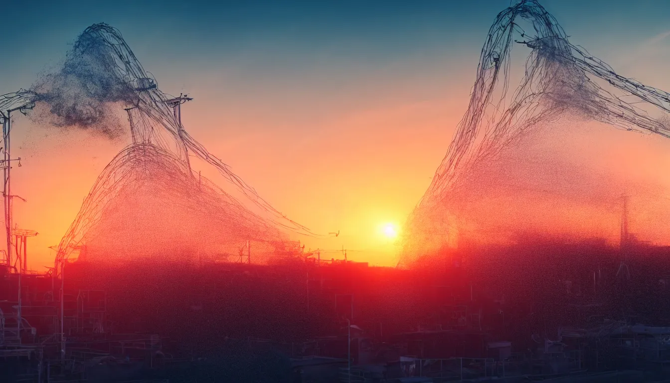 Prompt: huge machine cranes , queues of cars surrounded by barb wire fences, feedback loop , burst of powders ,volumetric lighting, twisting vapour, bellowing dust , emerging seascape and beautiful sunset , full colour , upscale , 4k