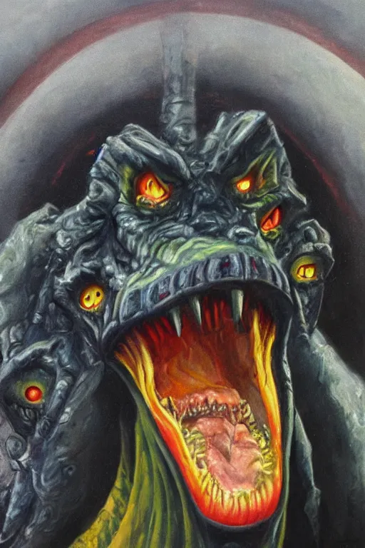 Prompt: oil painting, close-up, hight detailed, portrait of hell beast showing his teeths, in style of 80s sci-fi art