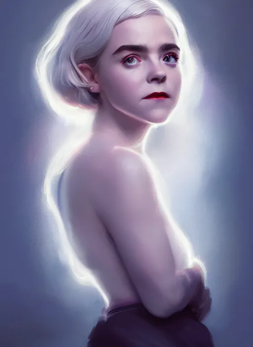 Prompt: portrait of kiernan shipka as sabrina spellman, white hair, intricate, elegant, glowing lights, highly detailed, digital painting, artstation, concept art, smooth, sharp focus, illustration, art by wlop, mars ravelo and greg rutkowski