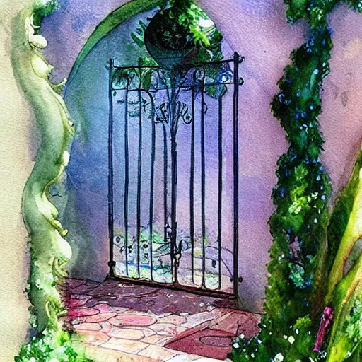 Prompt: delicate, mage enchanting chair, garden, paved, botanic watercolors, iridescent, 8 k, realistic shaded, fine details, artstation, italian, iron gate, tree, mediterranean