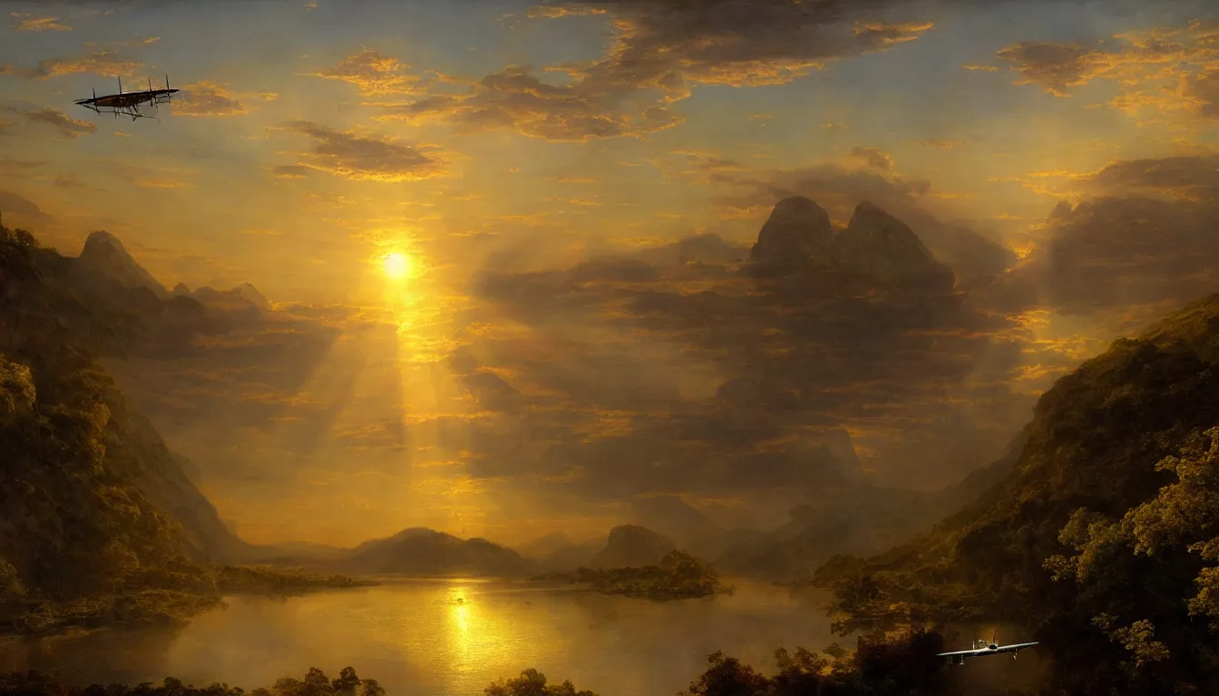 Image similar to a steam powered flying boat flies above a river valley at sunset, matte painting by frederic edwin church, golden hour, nature, fantasy art, trending on artstation, deviantart, behance, highly detailed, rule of thirds, crepuscular rays, steampunk