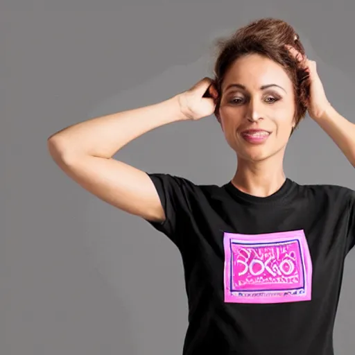 Prompt: woman wearing a tight silk - screened t - shirt that says'dohoonkabhankoloos'across the chest, official product photo