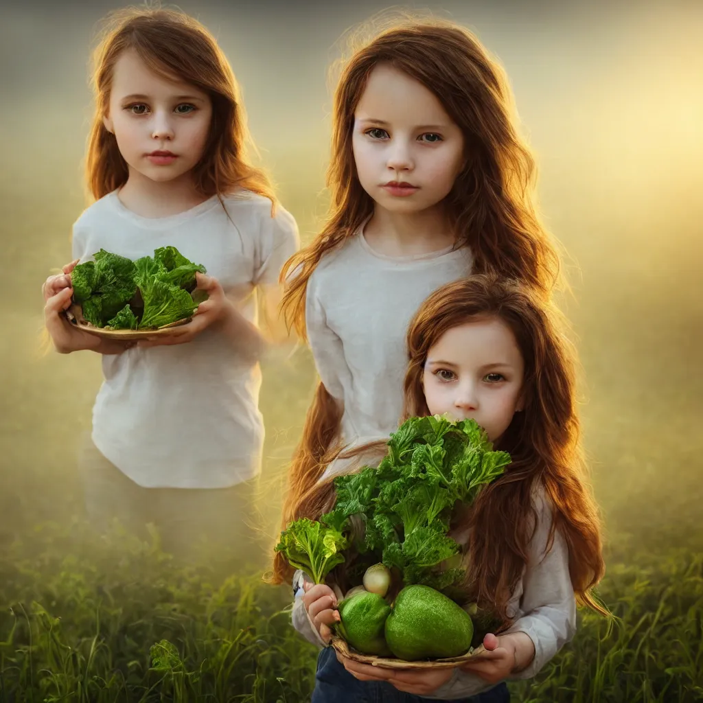 Image similar to Beautiful aesthetically pleasing single female child portrait, centered portrait, Confident holding vegetables, lush farm lands, fog, volumetric lighting beautiful, golden hour, sharp focus, ultra detailed, conceptartworld, comic art