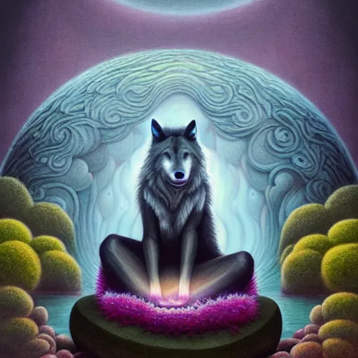 Prompt: an athromorphic wolf character meditating in a zen garden with a waterfall under the blood moon, by Adi granov and afarin sajedi and amanda sage and evgeni gordiets and Agostino Arrivabene in a psychedelic portrait style, ultrarealistic matte painting, volumetric lighting, fractal, extremely symmetrical, highly detailed face, orisha, 8k, hd