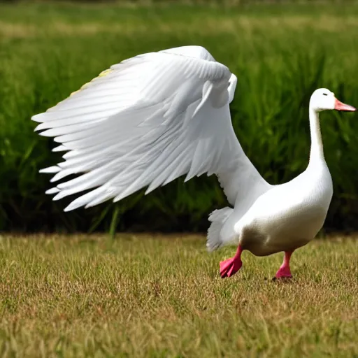 Image similar to dramatic shot of a white goose attacking a plastic goose