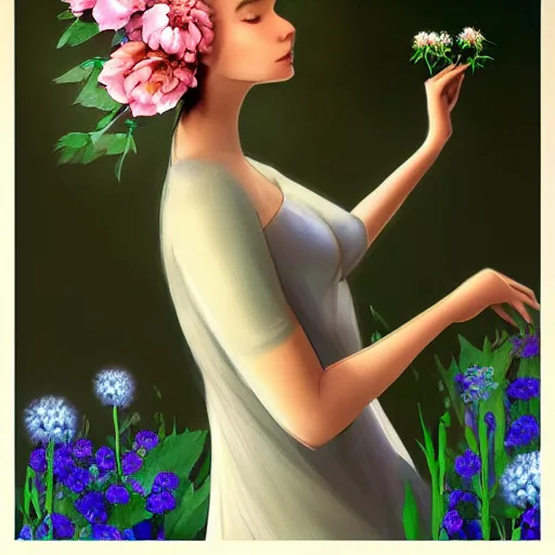 Prompt: a picture of a dreaming woman with flowers grow out of hair, roses peonies forget-me-nots dahlias lupins gladioli, sky theme in background, Digital Art, Trending on artstation