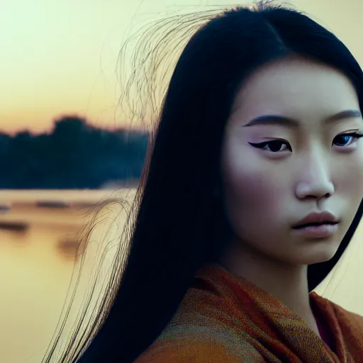 Prompt: photographic portrait of a stunningly beautiful asian renaissance female in soft dreamy light at sunset, beside the river, soft focus, contemporary fashion shoot, in a denis villeneuve and tim burton movie, by edward robert hughes, annie leibovitz and steve mccurry, david lazar, jimmy nelsson, extremely detailed, breathtaking, hyperrealistic, perfect face, octane render