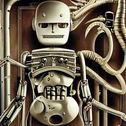 Prompt: a robot with a creepy smile laying down performing an operation on itself, metal, intricate, by h. r. giger