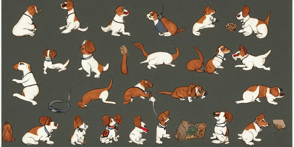 Image similar to jack russel dog, idle animation, sprite sheet illustrated by peggy fortnum and beatrix potter and sir john tenniel