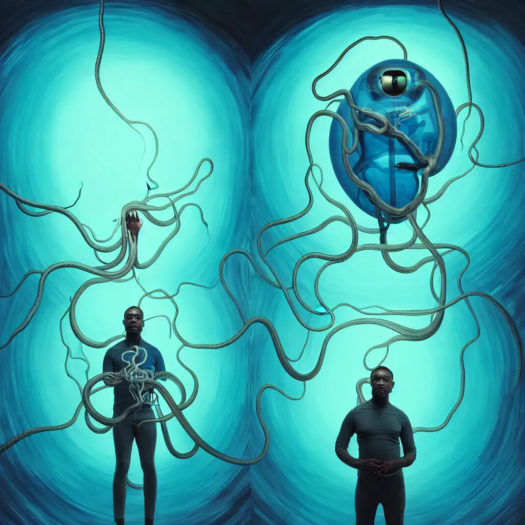 Image similar to an eternal self portrait by the artist kelbv, in distinct hyper detailed style with tubes neatly curving around his head, and inflated body filled with light blue and teal truncated tetrahedra, perfect studio lighting against a backdrop of a still from the movie flight of the squid.