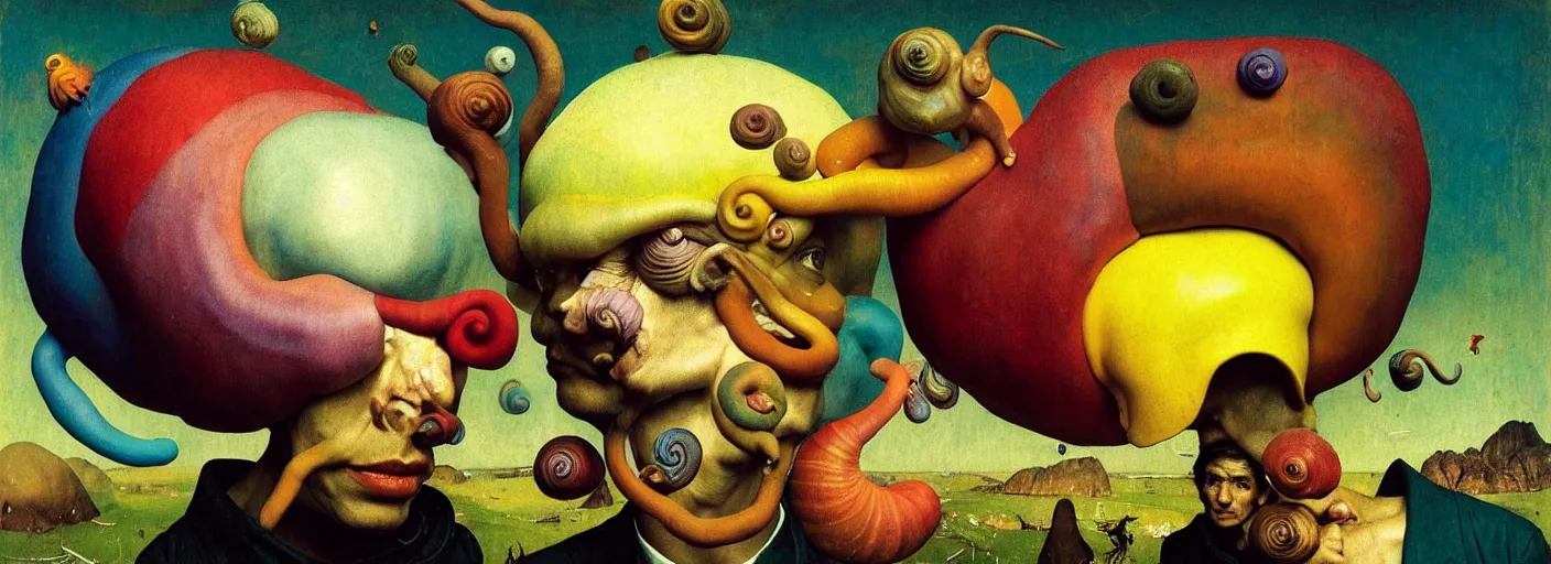 Image similar to surreal colorful single! clay snail head portrait concept art anatomy, action pose, very coherent and colorful high contrast masterpiece by norman rockwell franz sedlacek hieronymus bosch dean ellis simon stalenhag rene magritte gediminas pranckevicius, dark shadows, sunny day, hard lighting, reference sheet white! background