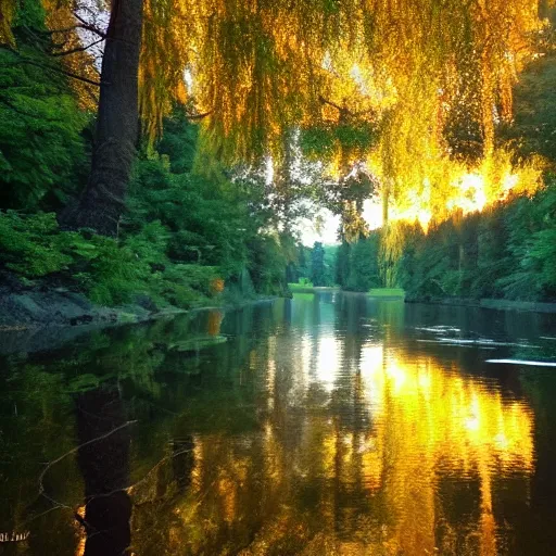 Image similar to river in a forest, golden hour, ray tracing reflection, 8k, hyper realistic, insainly detailed, hdr, octan render