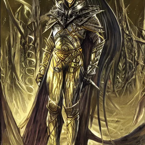 Image similar to elric of melnibone, silver and gold armor, in a metal forests, art by jeff catherine jones